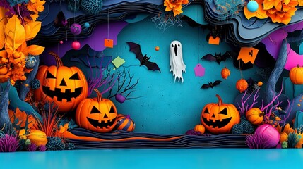   A Halloween photo with jack-o'-lanterns, bats and a spooky specter in the center