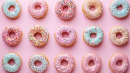 Wall Mural - A wonderfully delightful display of pastelcolored donuts topped with vibrant, mouthwatering frosting, making them perfect for festive occasions and sweet indulgence to satisfy your cravings