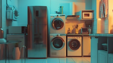 Modern kitchen with appliances, a table, and a stool.