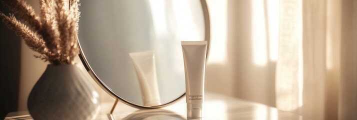 Aufkleber - A tube of cream is positioned beside a round mirror, capturing gentle morning light in a serene and inviting space. Generative AI