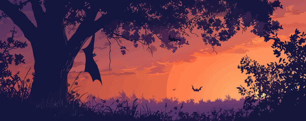 Canvas Print - Spooky tree with a bat hanging. Vector flat isolated.