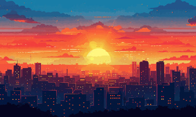 A flat vector of a cityscape at sunset.