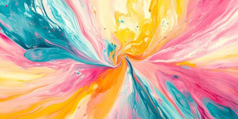 Wall Mural - An abstract explosion of colorful paints in shades of pink, yellow, and cyan. The paints burst outward with a smooth, flowing texture, creating a vibrant and lively design.