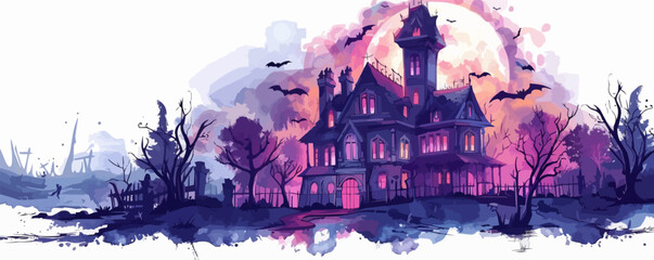 Wall Mural - Haunted house with a moon behind on a white background. Vector flat isolated.