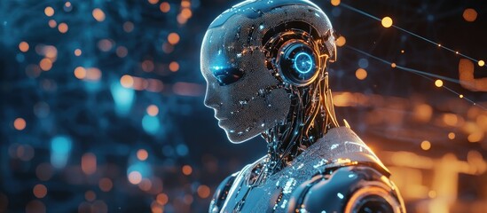 Poster - Cyborg amidst a blurred backdrop generating 3D visuals of artificial intelligence