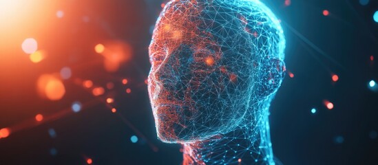 Poster - Polygonal technology backdrop featuring a 3D wireframe head enhanced with blur and lens effects Concept of artificial intelligence in business and scientific data science