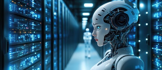 Poster - 3D rendering of a female cyborg or robot in a server room illustrating the concept of an automated server environment