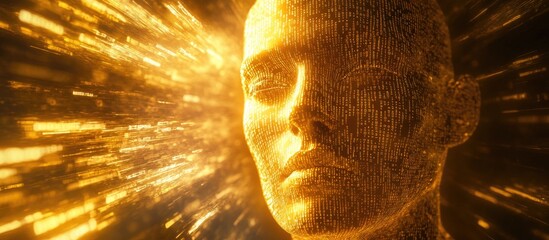 Poster - Abstract geometric human face featuring binary code and light rays 3D illustration