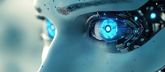 Poster - Cyborg with blue eyes featuring a detailed 3D illustration of its face