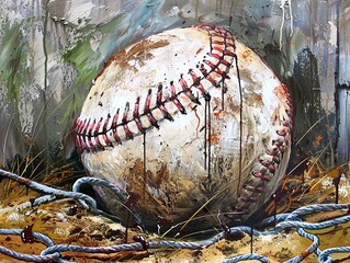 A weathered baseball sits on a field of grass, with a rope and nails around it. The ball is covered in dirt and has blood dripping from it.