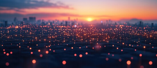 Poster - Urban skyline with interconnected dots representing networking at twilight Concept of global internet connectivity Selective focus