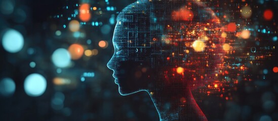 Poster - Human head silhouettes combined with lights numbers and abstract design elements symbolize modern technology digital transformation scientific thinking and related concepts