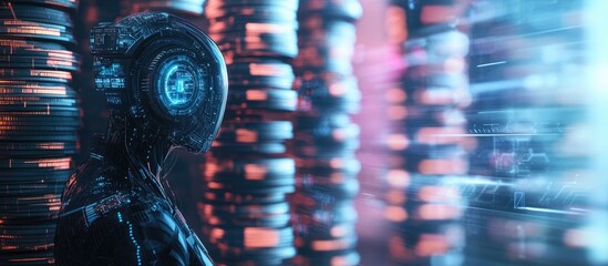 Poster - Double exposure of an abstract virtual robotics technology hologram set against a backdrop of rising stacks of coins illustrating concepts of research and development in software