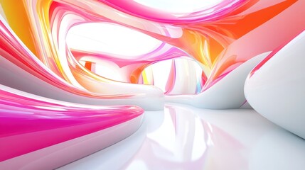 Poster - Abstract white interior featuring colorful glossy lines 3D rendered illustration
