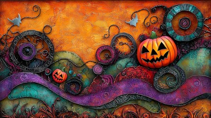 Wall Mural -  A spooky hilltop painting featuring a Jack-o'-lantern, with two glowing pumpkins below