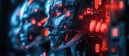 Poster - Cyborg heads utilize AI to form a digital interface for 3D rendering focusing on cybersecurity and online security with username and password entry for social media platforms