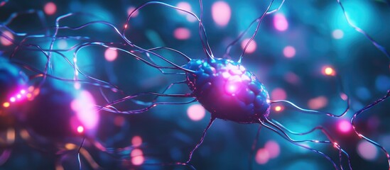 Aufkleber - Illuminated neon strands representing neurons showcasing concepts of artificial intelligence and machine learning in a 3D illustration