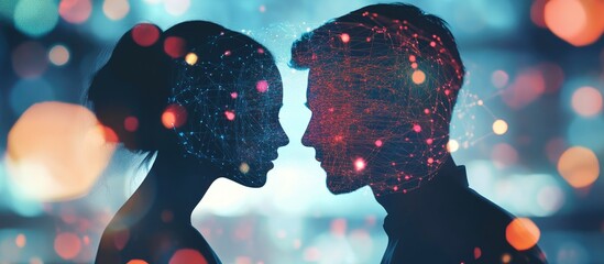 Poster - Double exposure of a man and woman collaborating with a technology themed holographic drawing representing the concept of big data against a computer backdrop