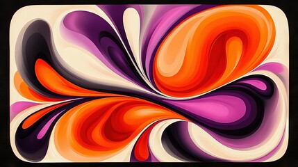   An abstract painting featuring vibrant oranges, purples, and whites in swirling patterns against a dark backdrop with a black border