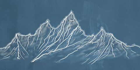 A simple white line drawing on a denim blue background of a mountain with sharp peaks. The deep color enhances the majesty and grandeur of the mountains.