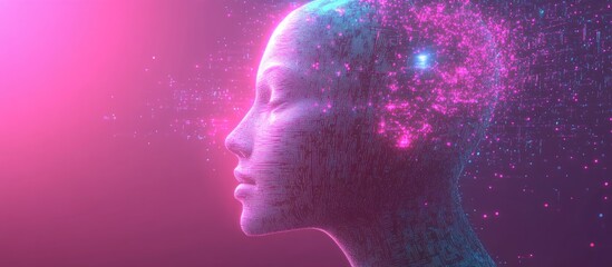 Poster - Pixel art design featuring a human head composed of particles representing concepts of artificial intelligence machine learning and cybernetics in a vaporwave retrofuturistic style