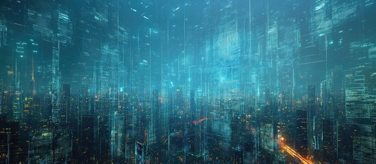 Poster - Holographic data visualization over a city skyline featuring skyscrapers in a double exposure effect Technology theme