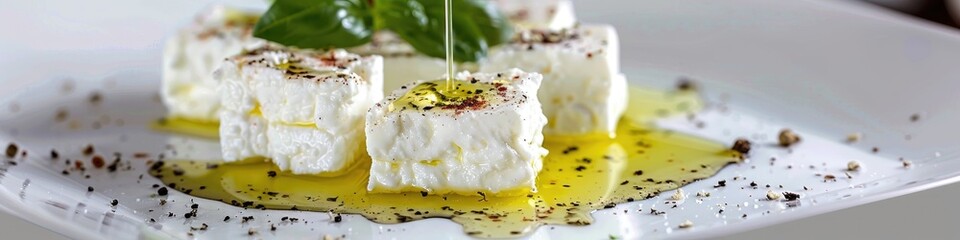 Canvas Print - Aromatic olive oil cascading over delicious feta cheese adorned with pepper and spices on a clean white plate.