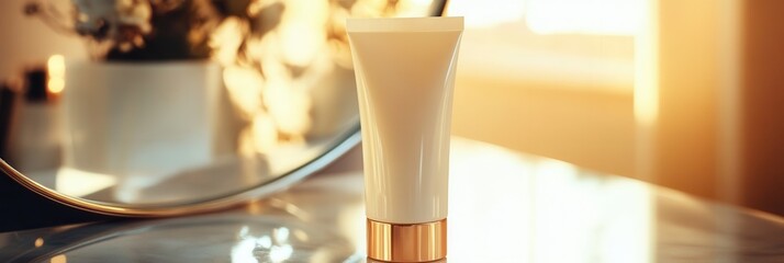 Aufkleber - A cream tube stands upright on a countertop, its reflection visible in the nearby mirror, illuminated by soft evening light. Generative AI