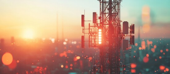 Poster - Telecommunication base station featuring a metal tower equipped with devices that broadcast electromagnetic signals for mobile networks such as 3G LTE and 5G