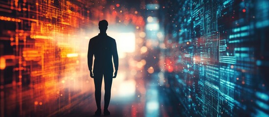 Poster - Silhouette of a man against a technical background representing artificial intelligence and big data concepts in a machine cyber environment