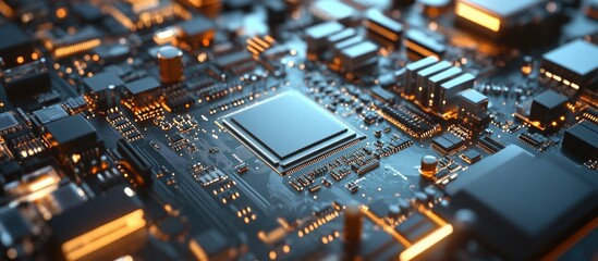 Poster - Close up of an electronic mainboard background featuring a logic board CPU circuit details and system components