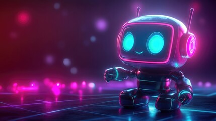 Poster - Adorable neon cartoon robot AI content creator Isometric design showcasing chatbot technology Focused on technological advancements and engineering in AI and neural networks