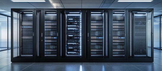 Poster - Data center featuring numerous servers Network and information racks displayed behind transparent panels 3D visualization