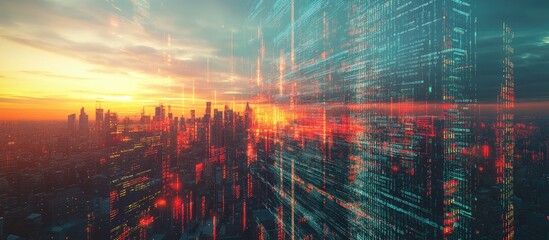 Aufkleber - Double exposure of abstract digital coding illustration overlaying a city skyline representing big data and networking themes