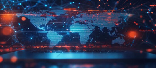 Aufkleber - Double exposure of an abstract programming language overlaying a world map on a laptop background representing concepts of research and development