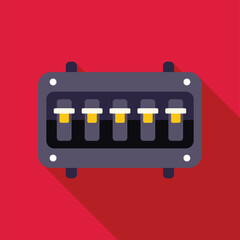 Poster - electrical panel with fuses distributing electricity, flat design icon with long shadow on red backg