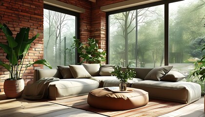 Comfortable modern living room with warm masonry walls, large windows that penetrate natural light, comfortable sofas and greenery create a tranquil atmosphere.