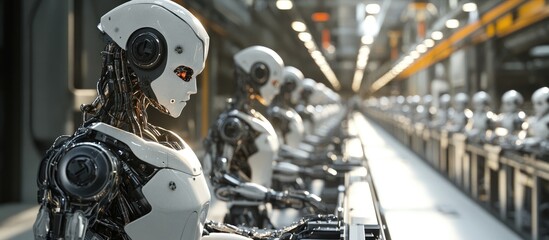 Poster - 3D rendering of a robot assembly line manufacturing cyborgs within an industrial setting