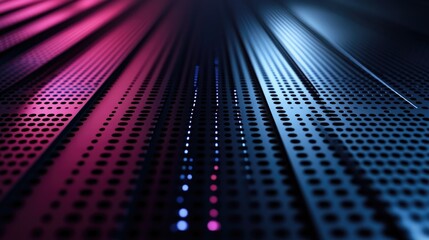 Poster - Abstract metallic colored strips on a dark perforated surface creating a technological background Stunning futuristic wallpaper with empty central space 3D rendered visuals