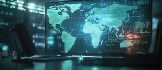 Poster - Double exposure of a desktop featuring a computer and a holographic world map representing the concept of a global data network