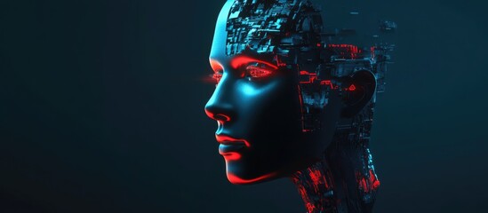 Poster - Cyborg head representing artificial intelligence isolated on a dark background created through 3D rendering