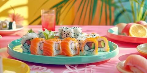 Wall Mural - Assorted Sushi Placed on a Colorful Table