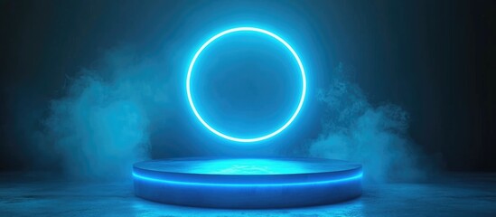 Poster - Floating blue podium with a neon blue ring in the background