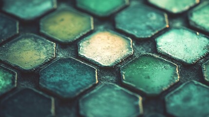 Wall Mural -   Close-up view of a hexagonal glass mosaic with water droplets on top tiles