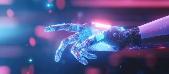 Poster - Cyborg hand with a blurred backdrop featuring a digital holographic projection created through 3D rendering and artificial intelligence