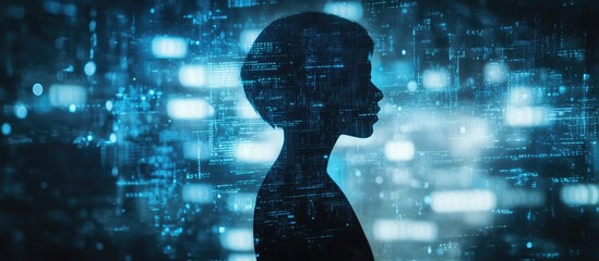 Aufkleber - Silhouette of a person against a technical background representing artificial intelligence and big data concepts illustrating the idea of a machine driven cyber mindset