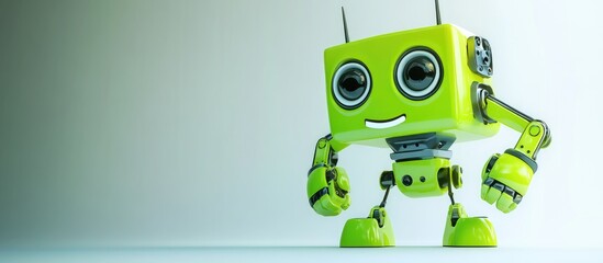 Poster - Cheerful green robot in a unique design depicted in a playful cartoon style Represents a humorous technological character envisioned as a friendly assistant or helper in 3D render