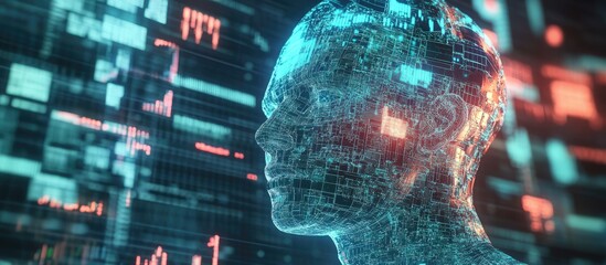 Poster - Artificial intelligence assesses currency growth and exchange rates through a virtual interface in this 3D illustration