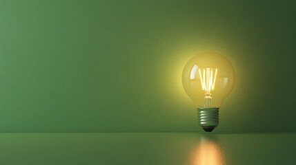 Wall Mural - Illuminated light bulb against a green backdrop Minimalistic design with ample copy space