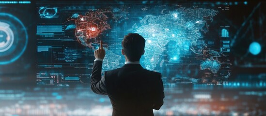 Poster - Businessman demonstrates virtual graphics illustrating global internet connectivity AI interaction and futuristic technology transformation using a command prompt